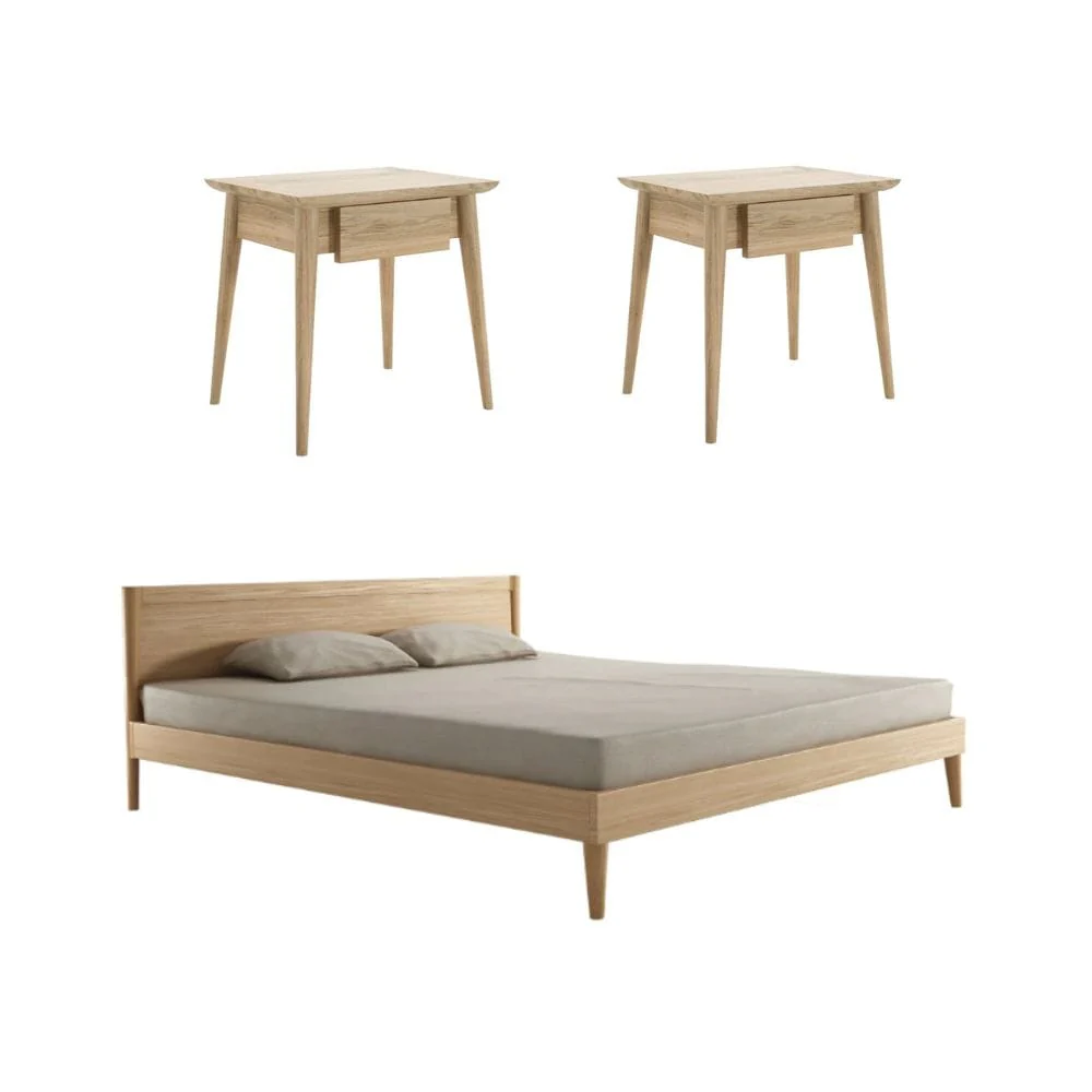 Vintage King Bed with 2 Bedside Tables Set - European Oak