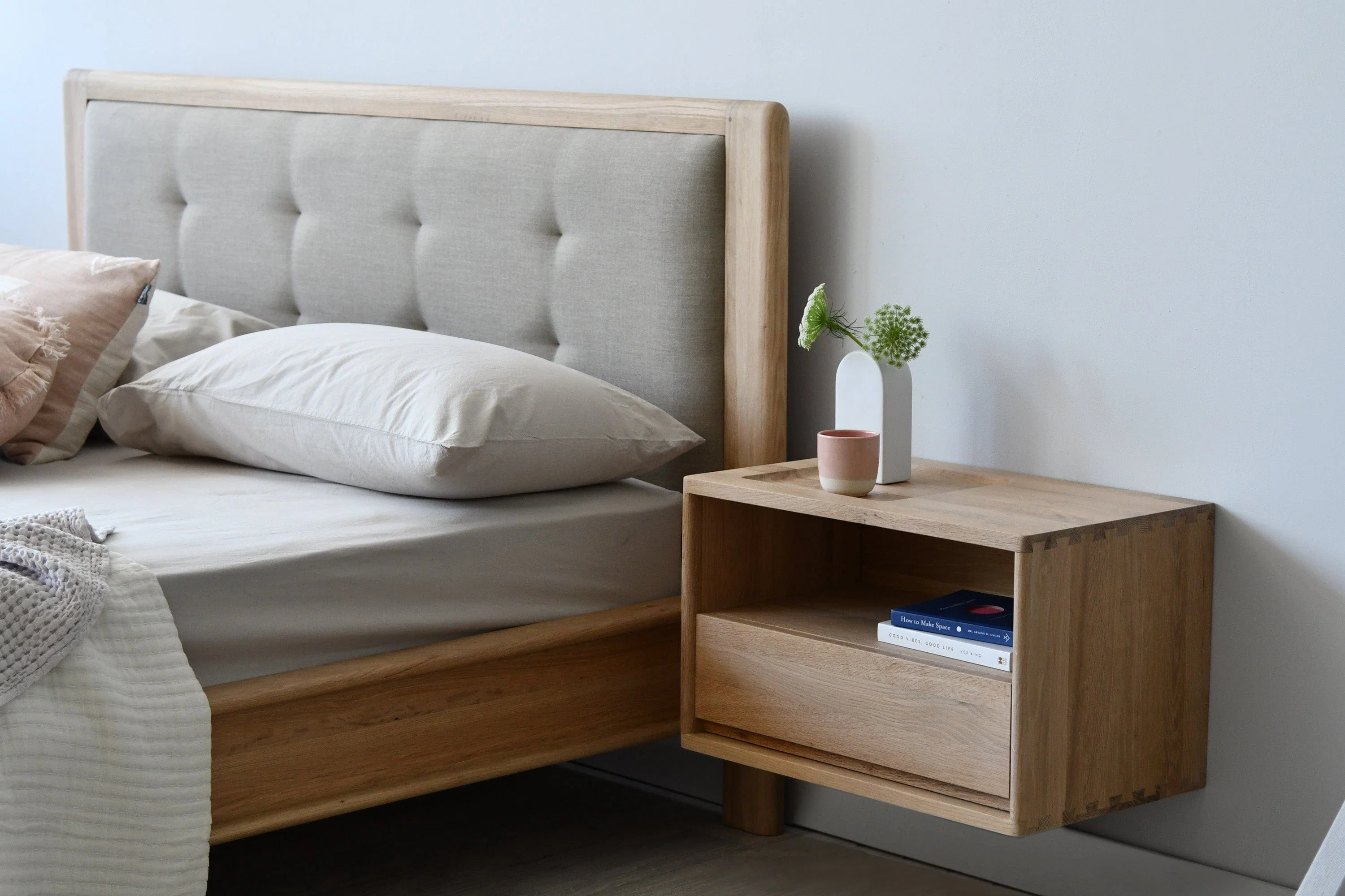 Circa Queen Bed without Storage - European White oak and fabric Headboard - Image 10