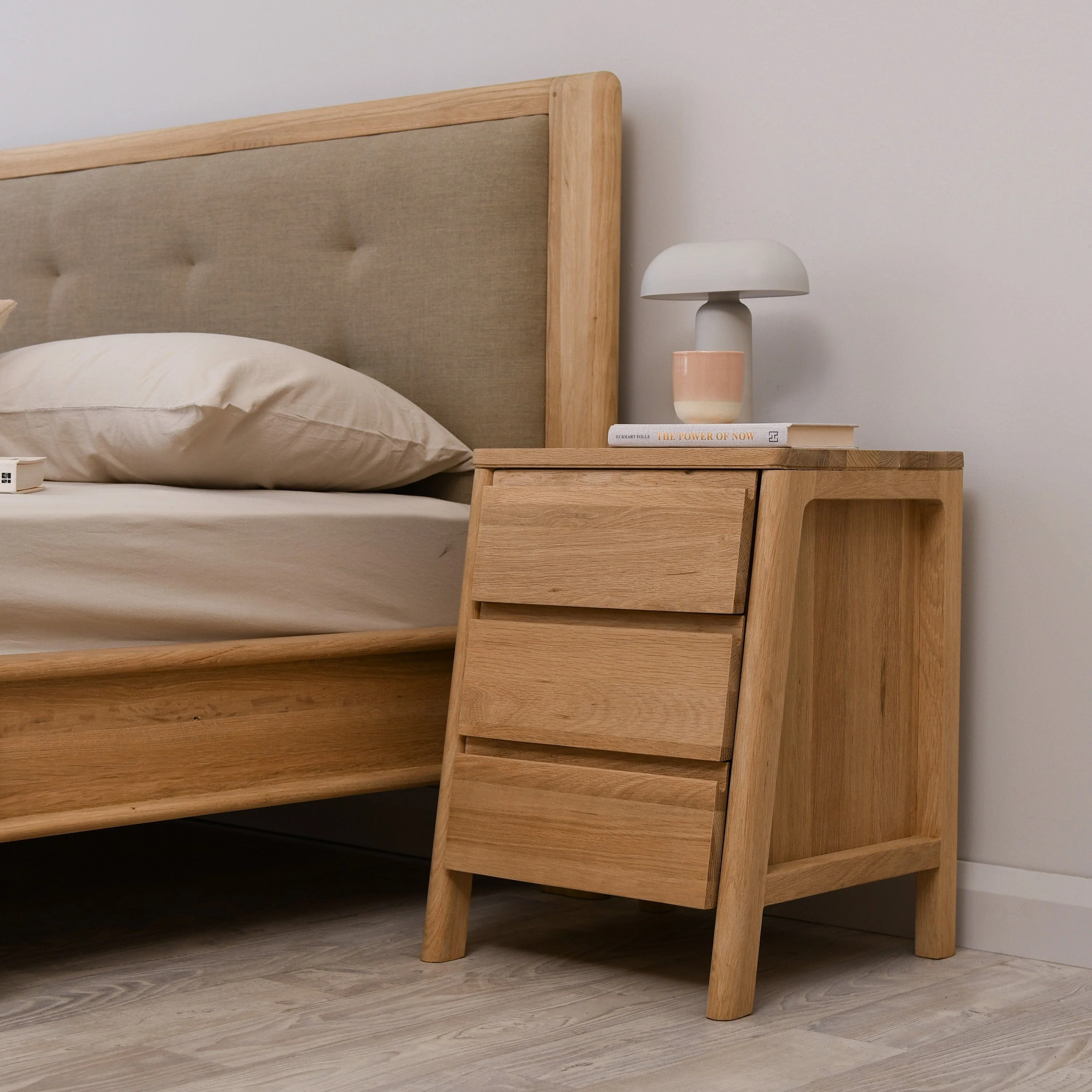 Circa Queen Bed without Storage - European White oak and fabric Headboard - Image 11