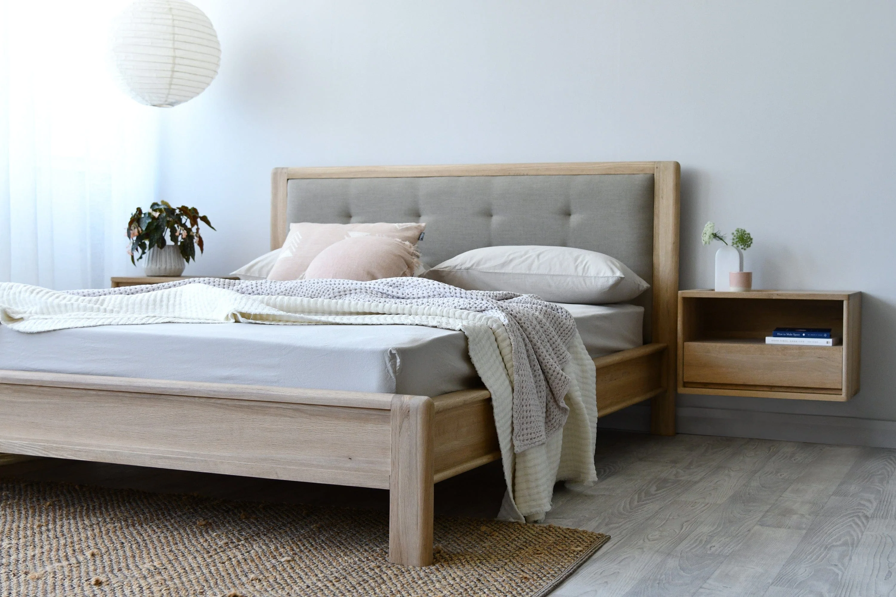 Circa Queen Bed without Storage - European White oak and fabric Headboard - Image 12