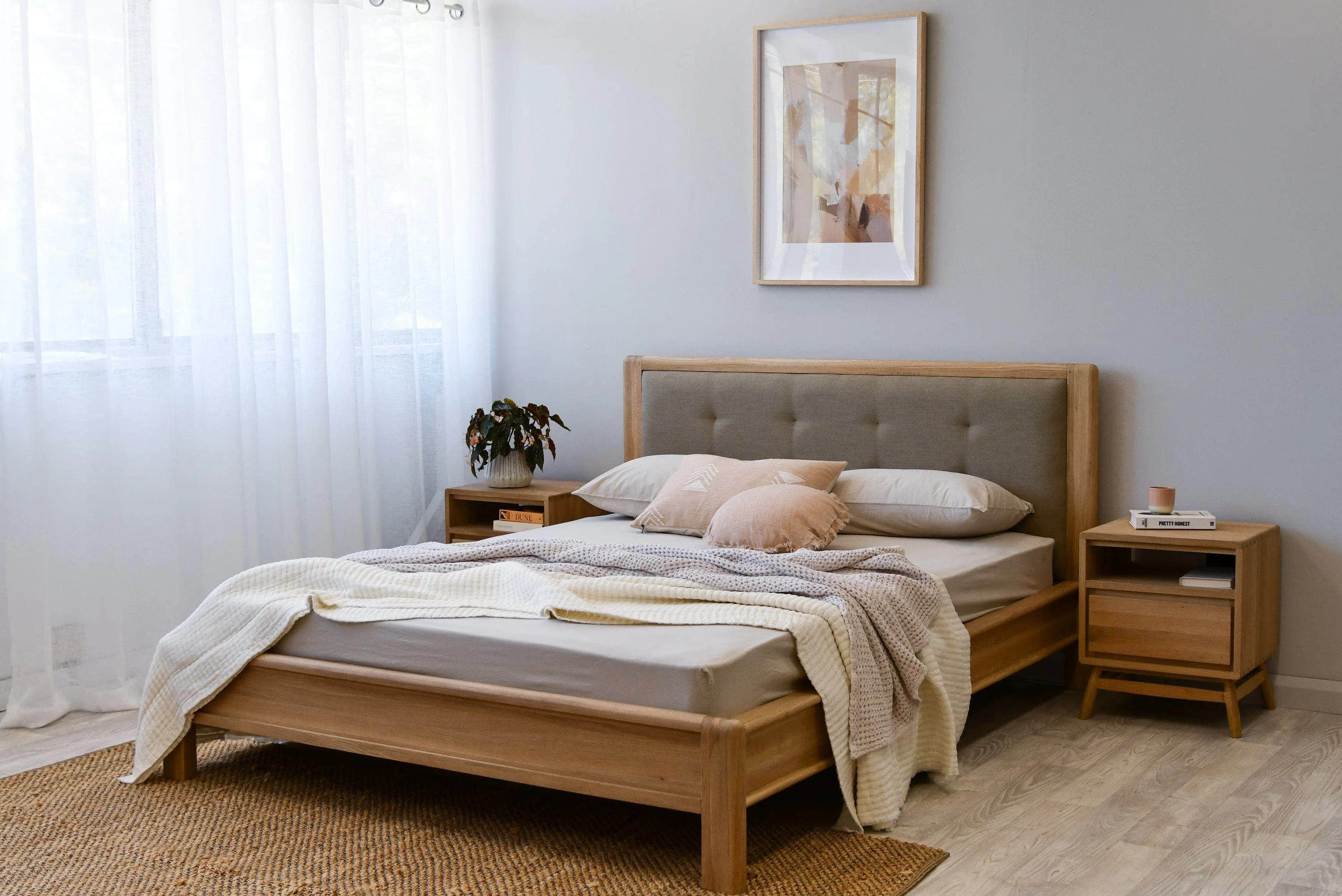 Circa Queen Bed without Storage - European White oak and fabric Headboard - Image 13
