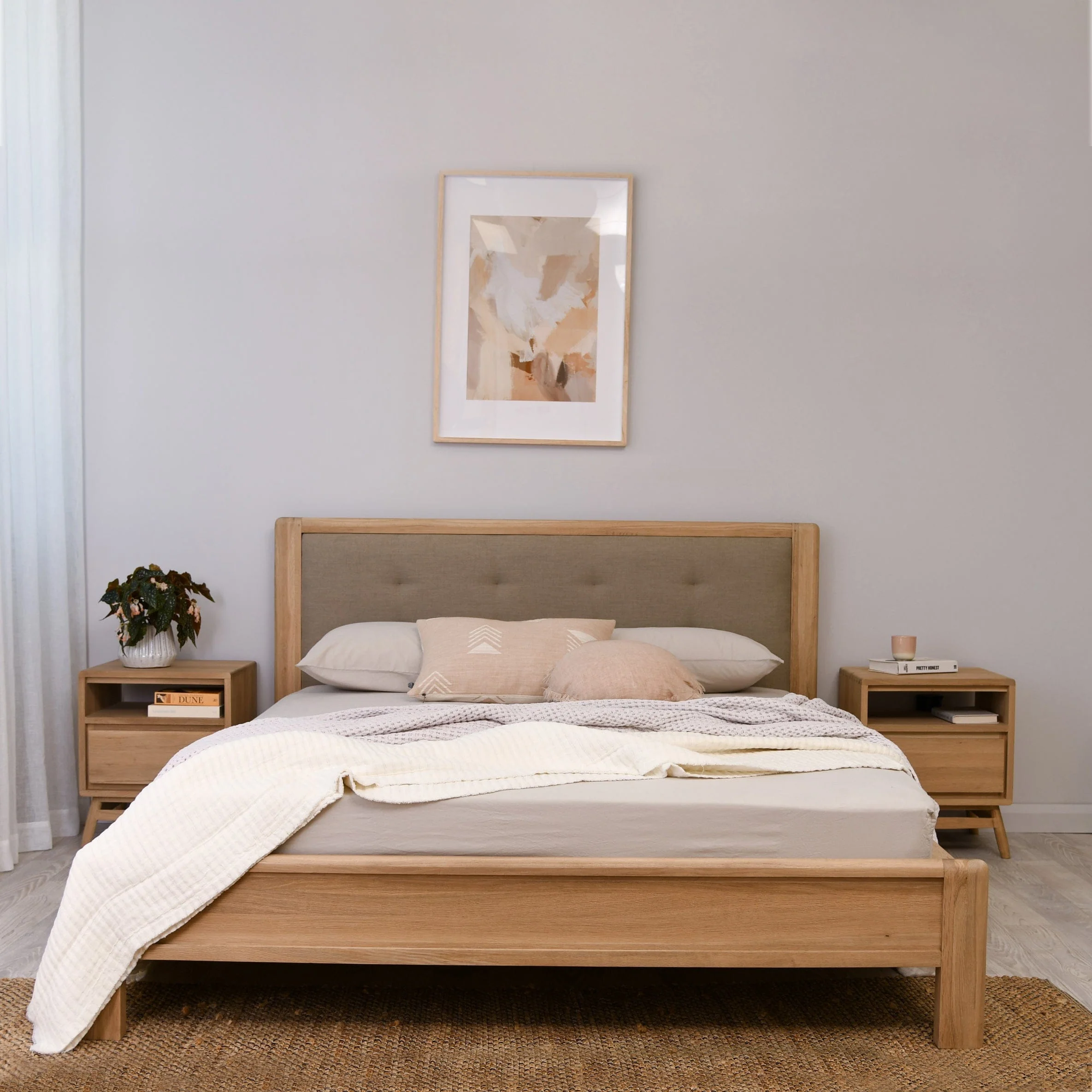 Circa Queen Bed without Storage - European White oak and fabric Headboard - Image 14