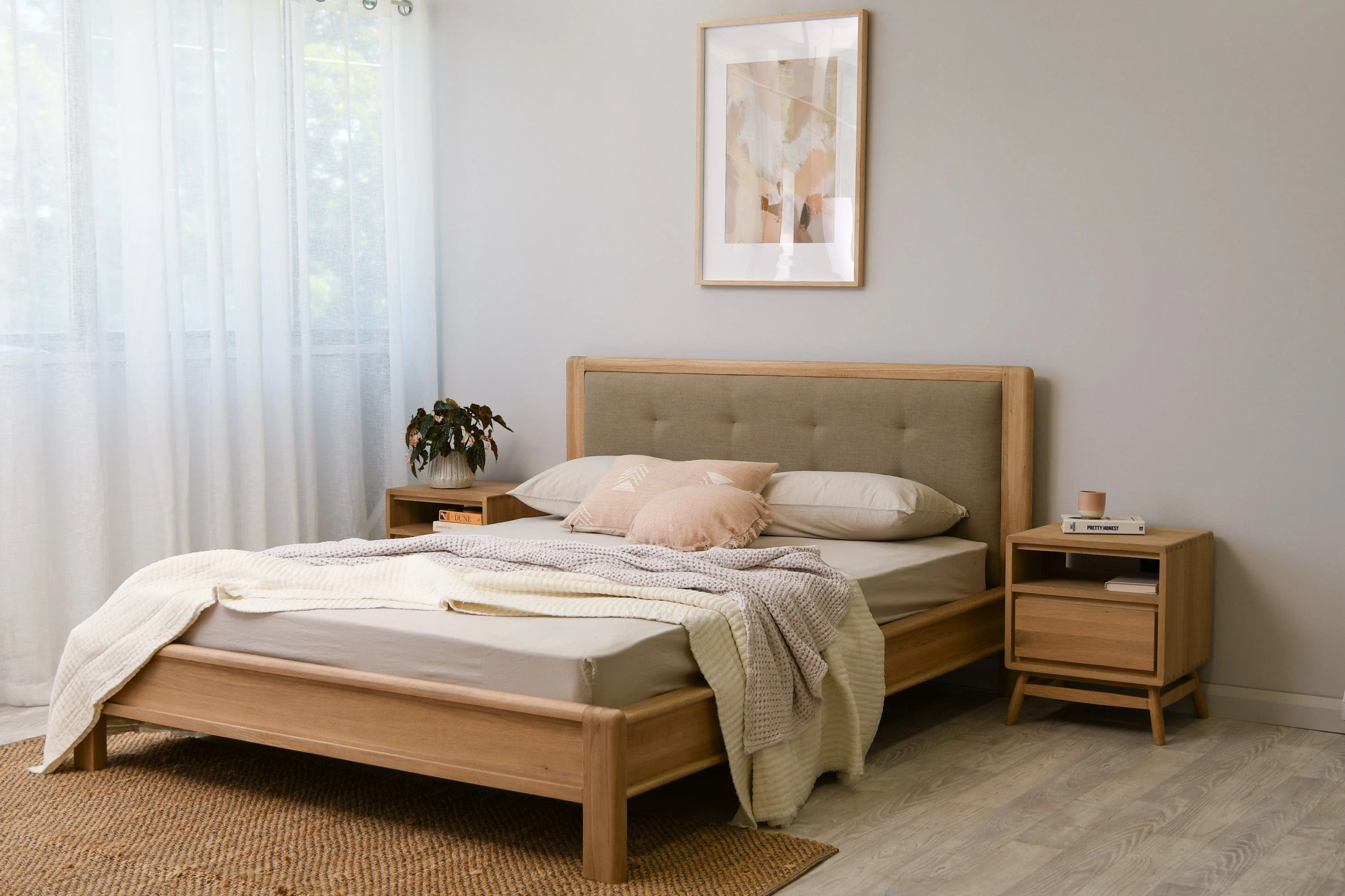 Circa Queen Bed without Storage - European White oak and fabric Headboard - Image 15