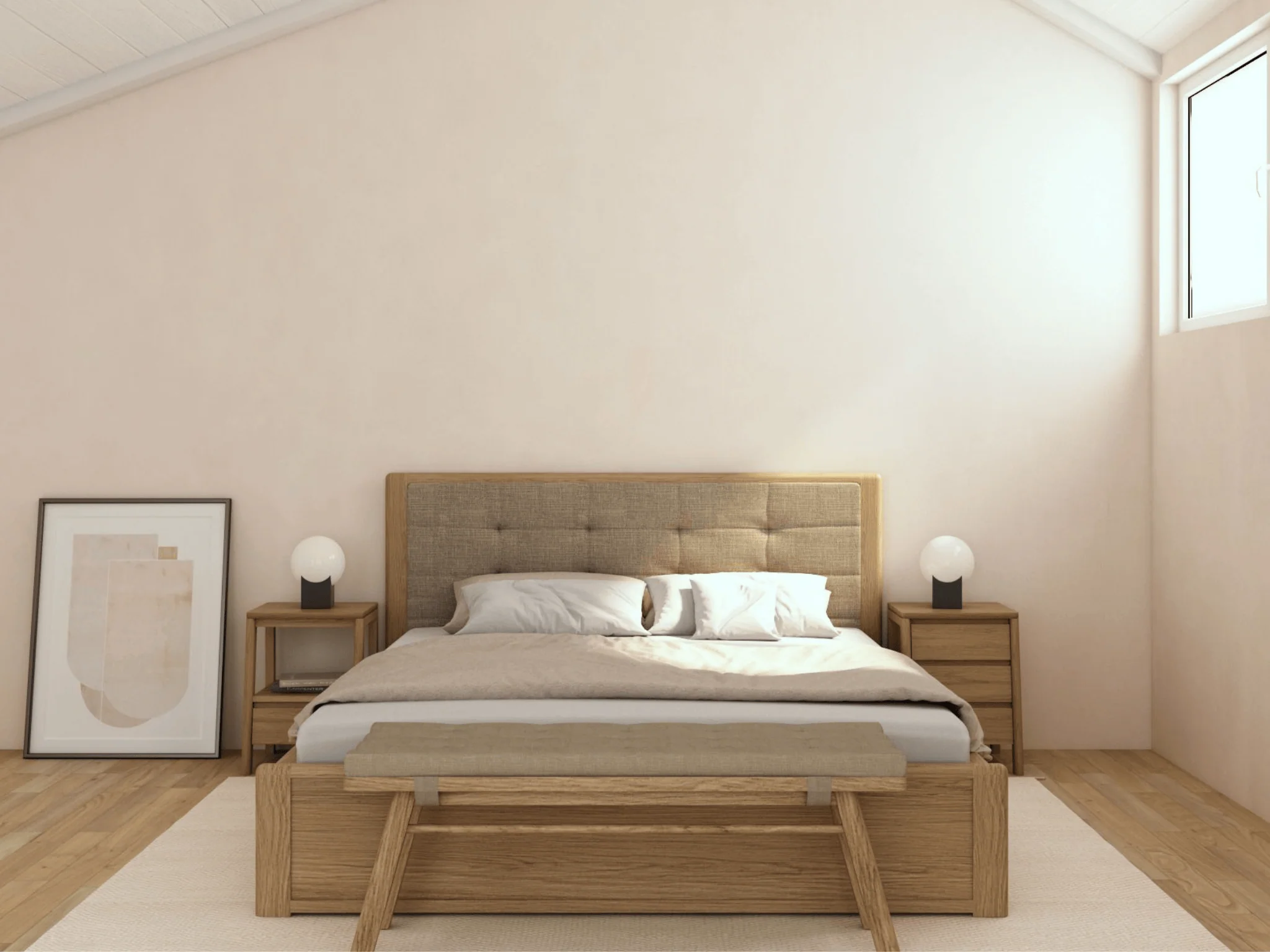 Circa Queen Bed without Storage - European White oak and fabric Headboard - Image 2