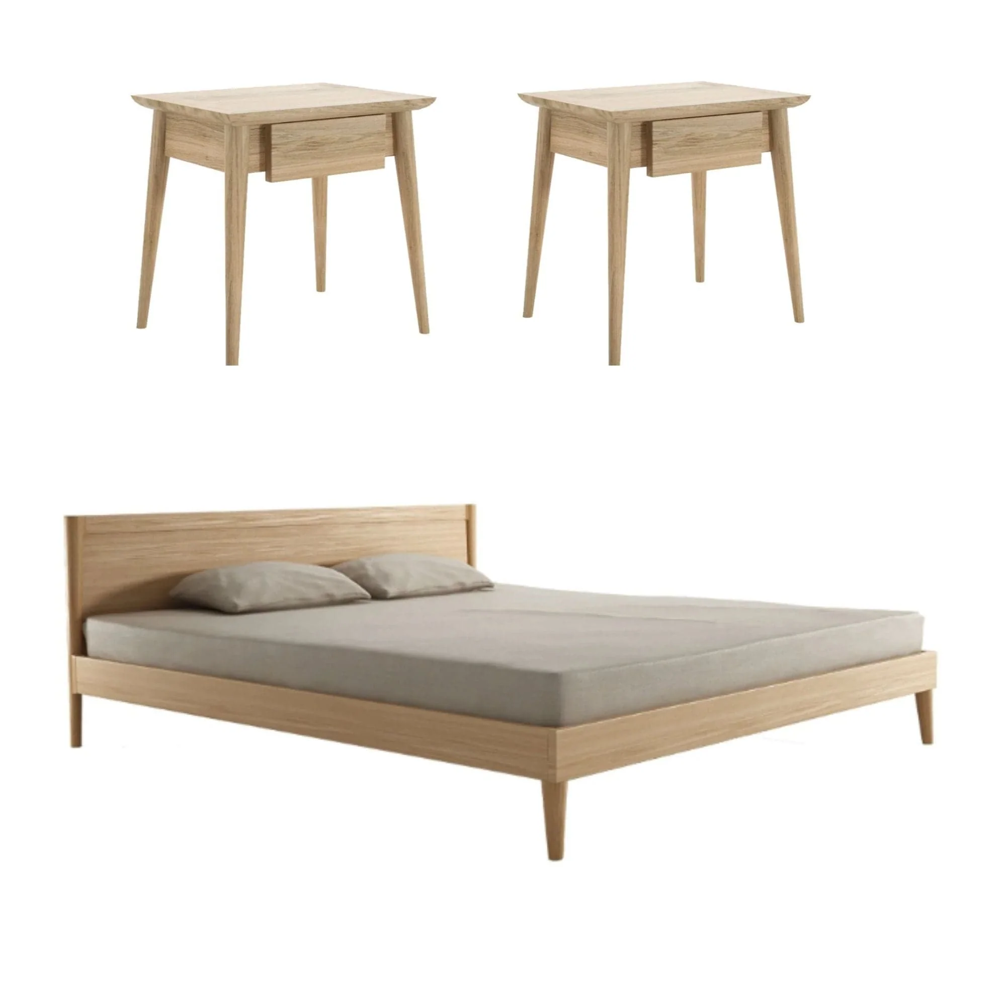 Vintage Queen Bed with 2 Bedside Tables Set - European Oak