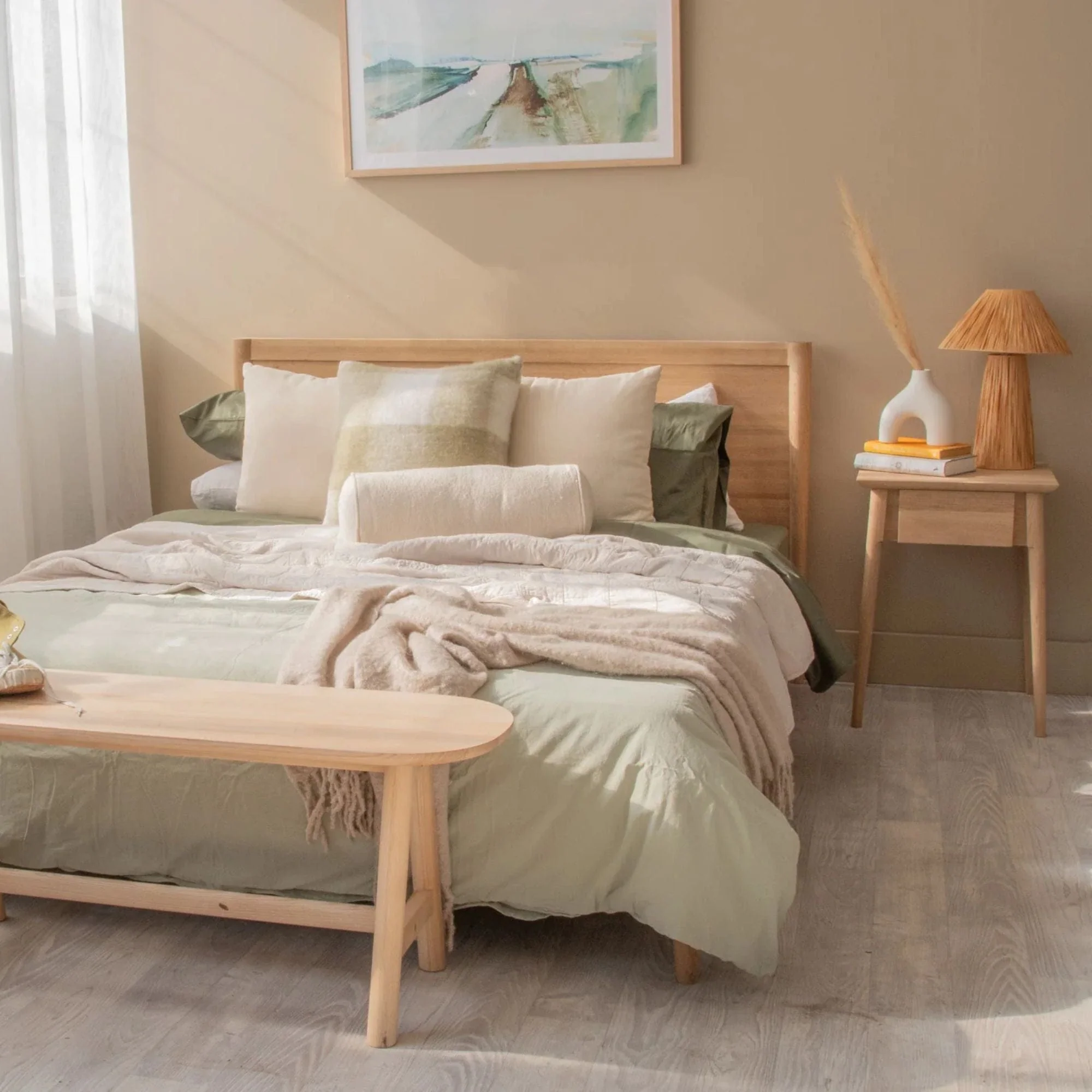 Vintage Queen Bed with 2 Bedside Tables Set - European Oak - Image 2